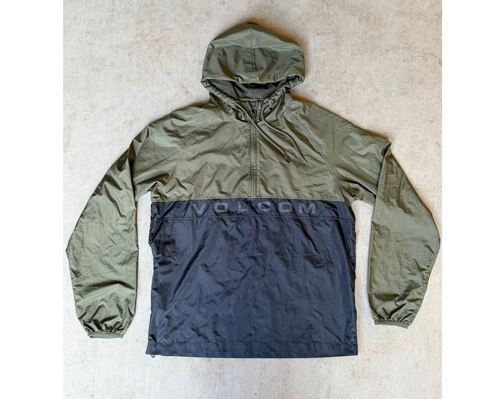 Volcom Eckerton Anorak Windbreaker Jacket Mens L Green Black Half Zip Hooded